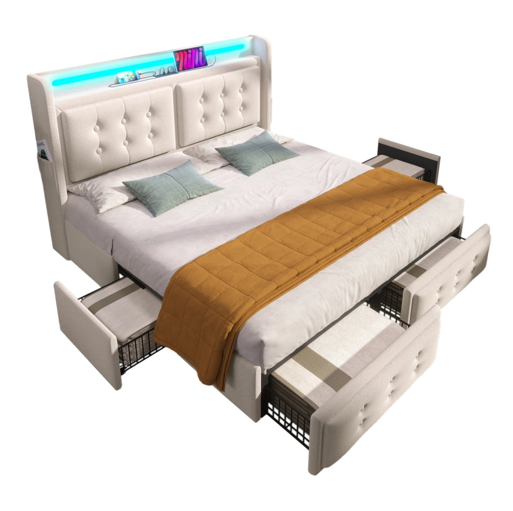 Letto imbottito 140x200 cm con LED; porte USB e USB-C; 4 cassetti; beige in tessuto cotone e lino