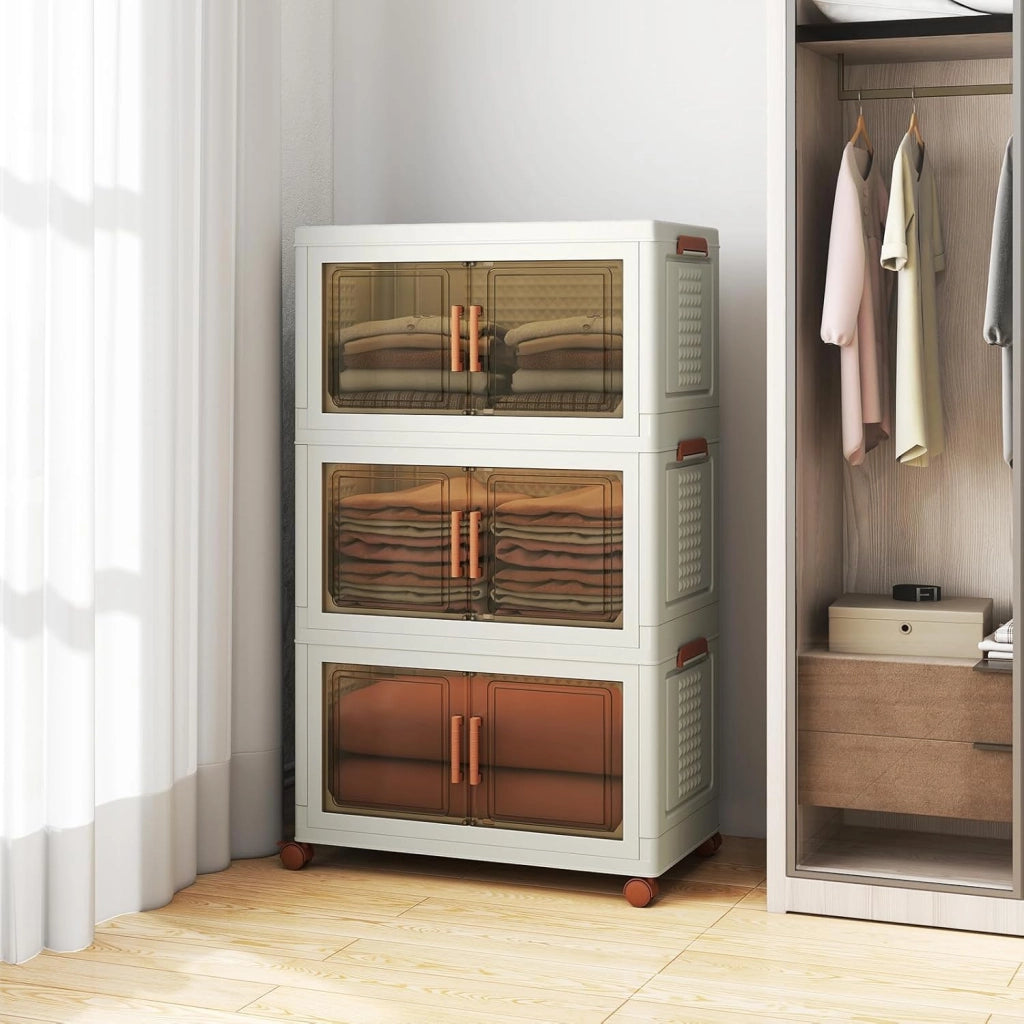 Contenitore di Archiviazione in Plastica, Organizzatore Impilabile con Coperchi e Porte, 4 Ruote, Scatole Organizzatore Pieghevoli per Soggiorno, Camera da Letto (62,5 x 34,5 x 99,5 cm)
