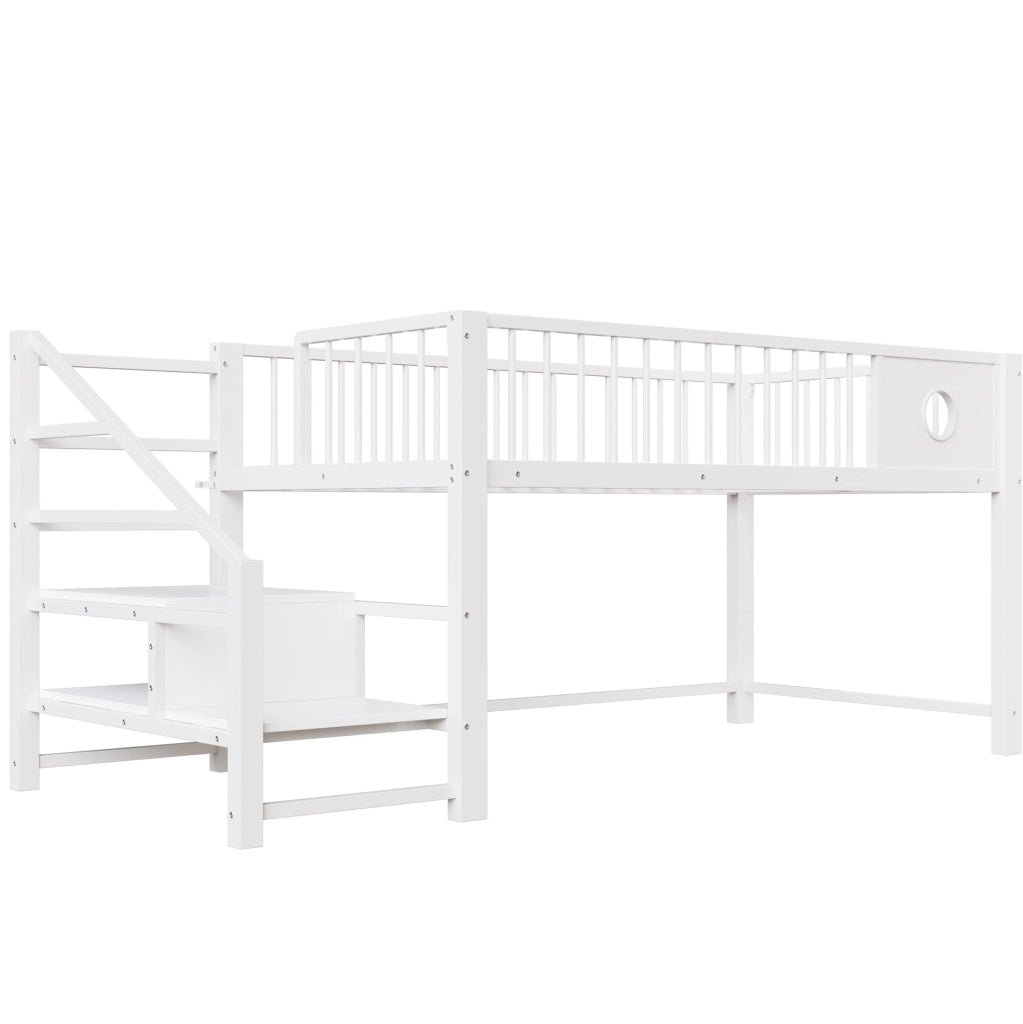 Letto a soppalco basso 90x200 cm con scala contenitore in metallo bianco