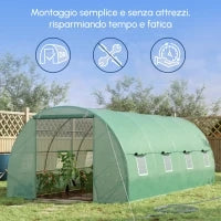 Serra per Piante a Tunnel, Serra per Orto da Esterno con Porta Avvolgibile e 8 Finestre, 6x3x2 m, in Acciaio e PE, Verde