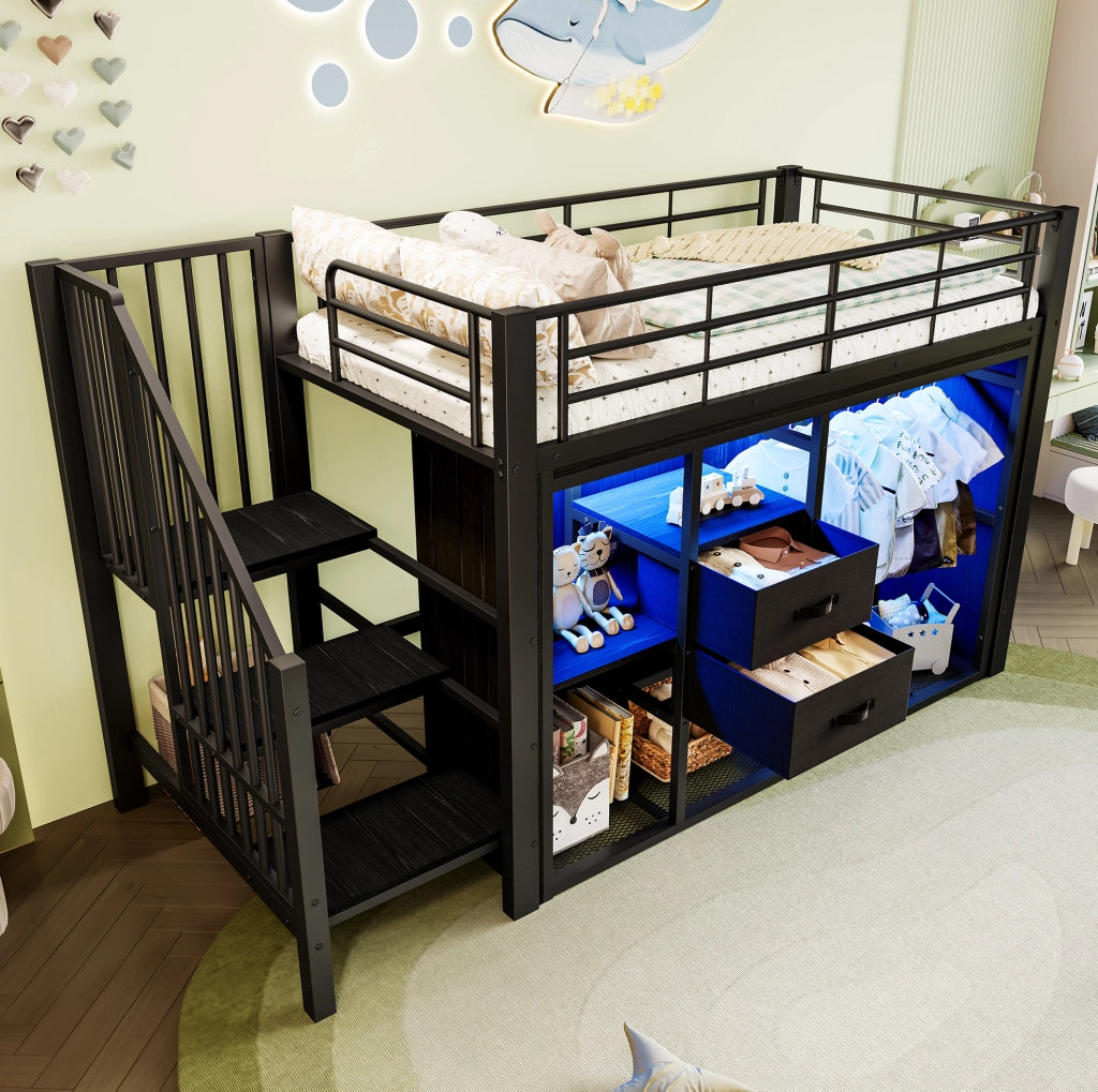 Letto a soppalco ULEVR 90x200 cm con 2 cassetti, zona appendiabiti aperta e LED multicolore, nero