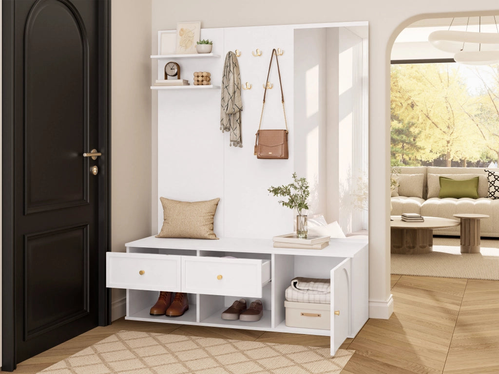 Set ingresso multifunzione con specchio, ripiani, cassetti e ganci, 120 x 35 x 159 cm, bianco