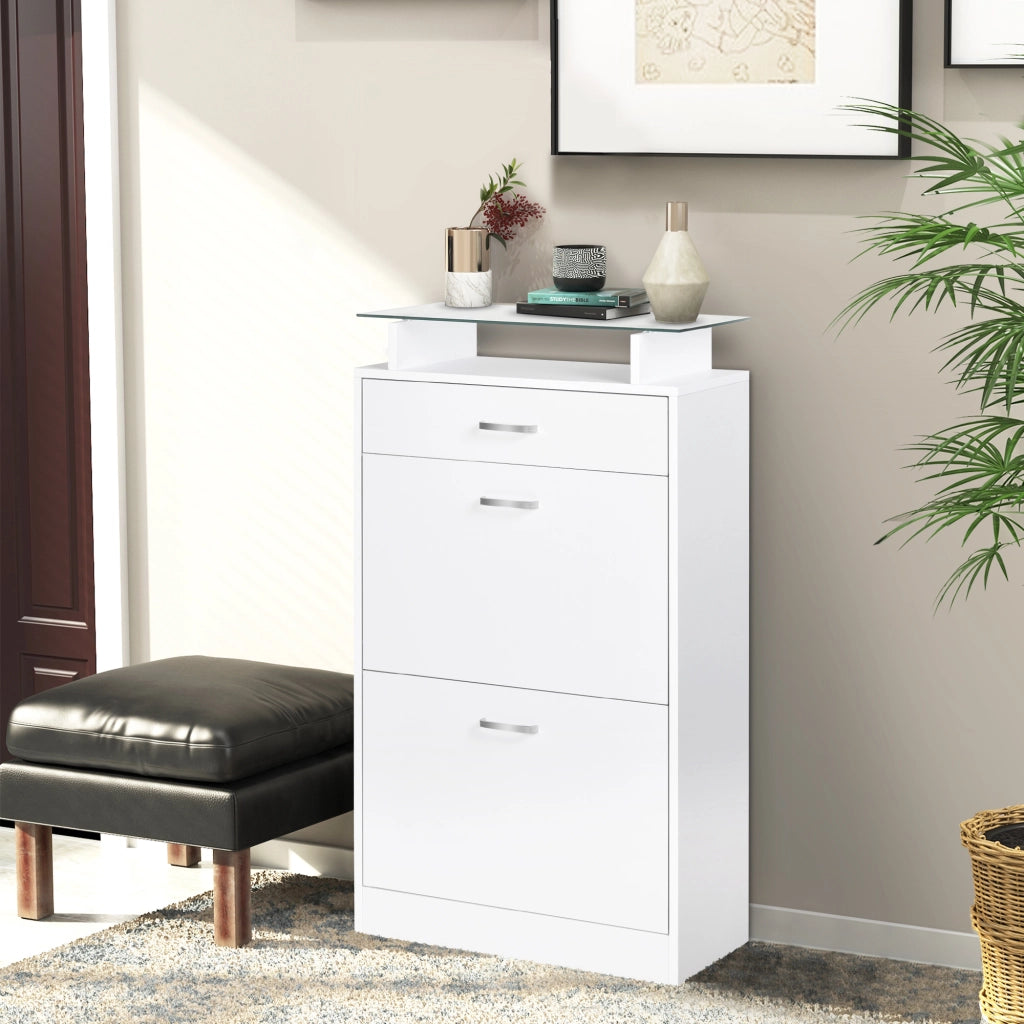 Armadio Scarpiera con Cassetti e Ripiano in Vetro ¨C Zephmum ¨C Bianco 60x24x105,5 cm