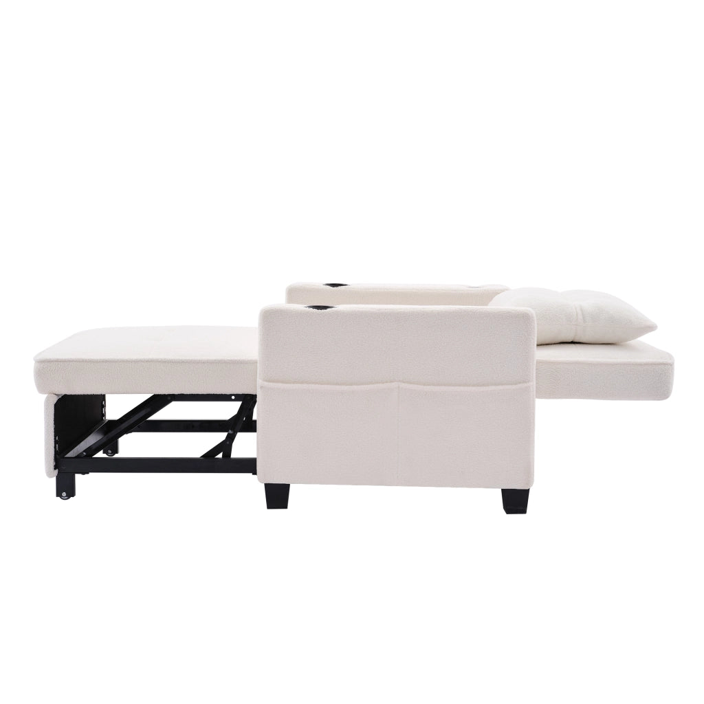 Poltrona convertibile 3 in 1 con schienale reclinabile, portabicchieri, porta USB e tasca, in legno e metallo bianco