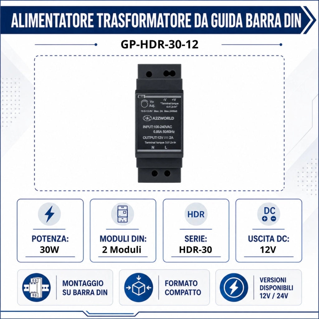 Alimentatore Trasformatore Da Guida Barra DIN 30W, 2 Moduli, Serie HDR-30, Disponibili DC 12V 24V (DC 12V)