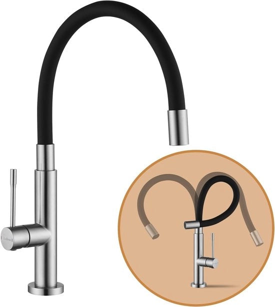 Kraan per cucina con uscita flessibile 360° rotativa, grande arco alta pressione, kraan cucina in acciaio inossidabile con vasca per l'acqua e miscelatore, adatto per doccia