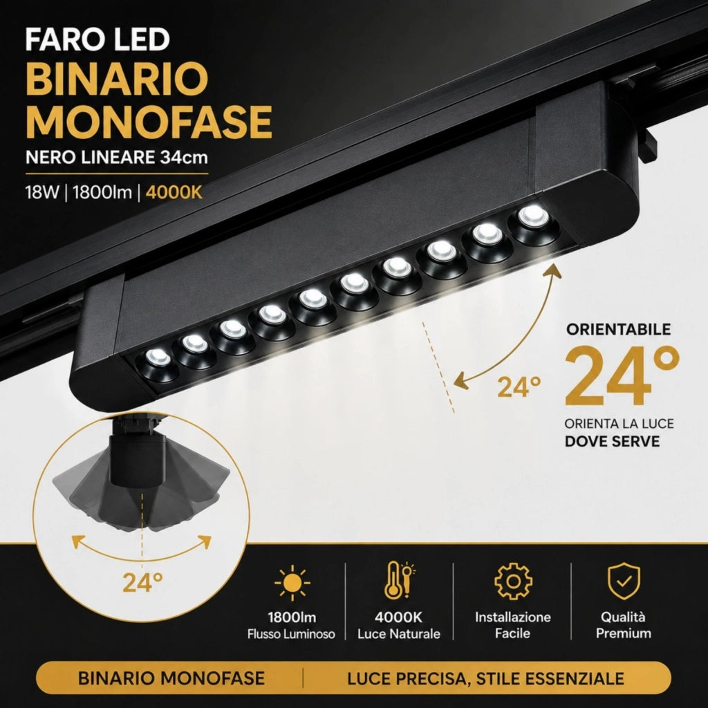 Faro Led Binario Monofase, Nero Lineare 34cm 18W 1800lm 24° Orientabile, Disponibili 3000K 4000K (Bianco Neutro 4000K)