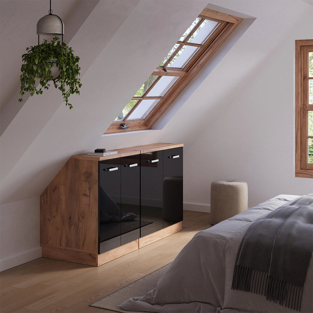 Set di mobili sottotetto Rion Nero lucido/Rovere dorato 140 cm Set di 2 carcasse armadio profondità 60 cm Vicco