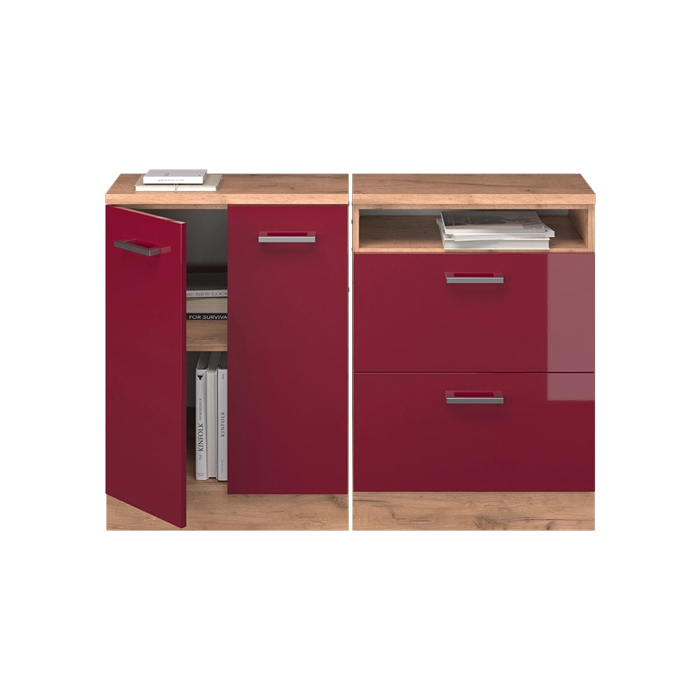 Mobile cucina sottotetto R-Line Rosso lucido/Rovere dorato 120 cm Set di 2 carcasse armadio profondità 60 cm Vicco