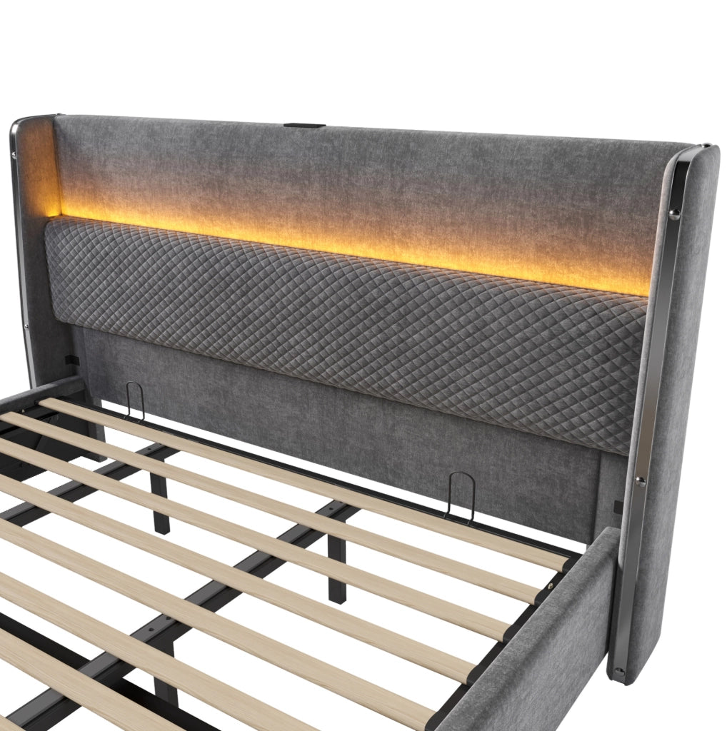 Letto matrimoniale con contenitore 180x200 cm in lino grigio con testiera alta; LED e USB/Type-C