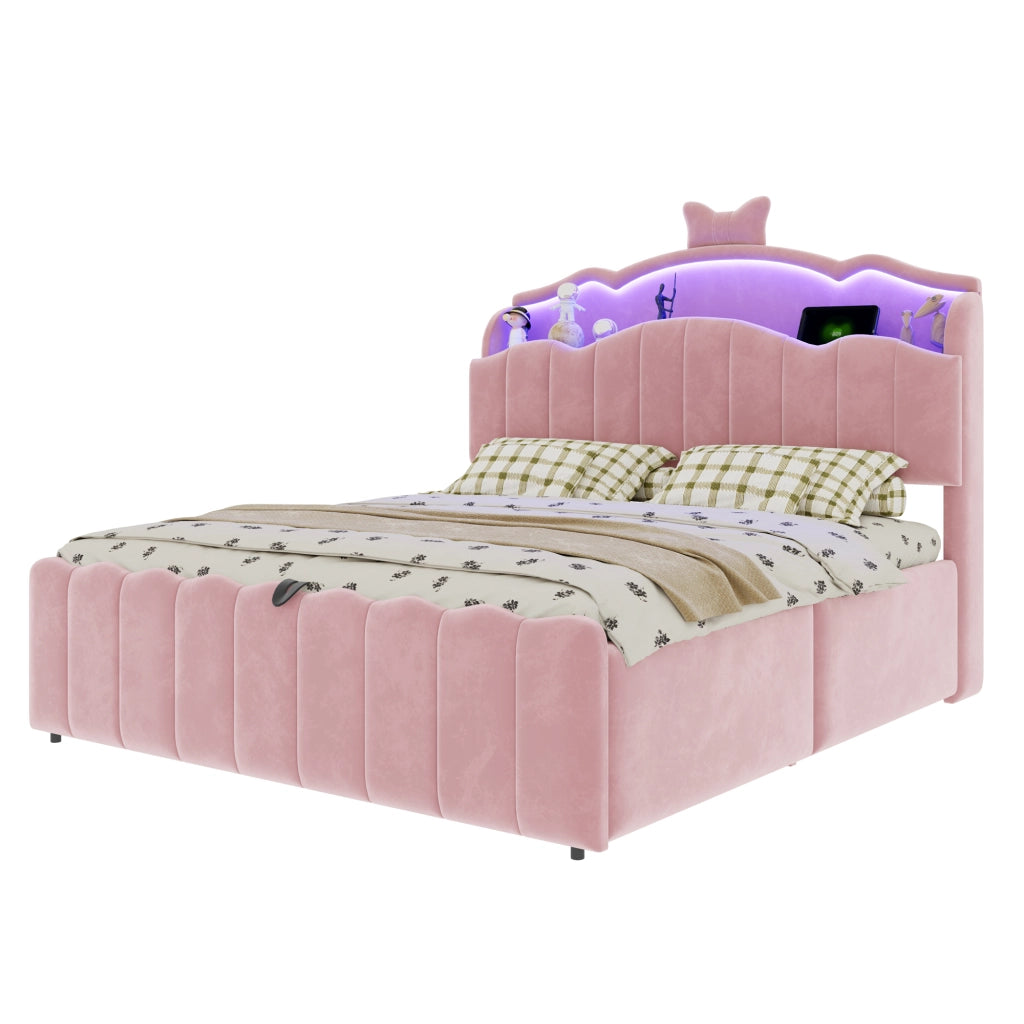 Letto per bambini imbottito 140x200 cm in velluto rosa con contenitore, LED e USB