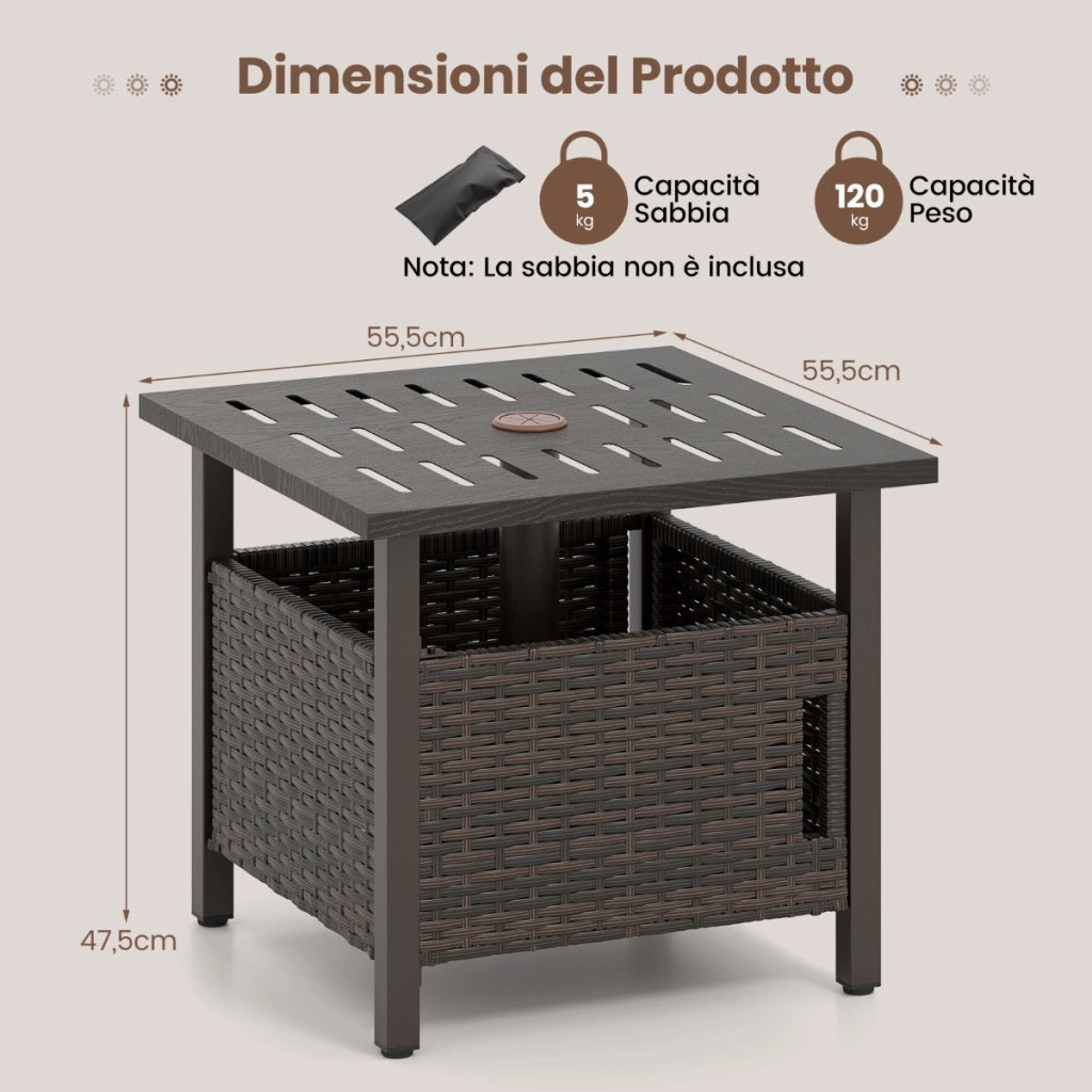 Tavolo da patio in vimini PE a tutto clima con struttura antiruggine per giardino, Tavolino da esterno con foro per ombrellone -Tavoli da esterno