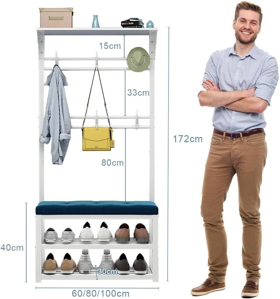 Appendiabiti in Metallo con Panca per Scarpe, 11 Ganci e 2 Ripiani per Scarpe, Moderno Organizer per Ingresso Industriale per corridoi, soggiorni, Facile da Montare, 100 x 30 x 172 cm