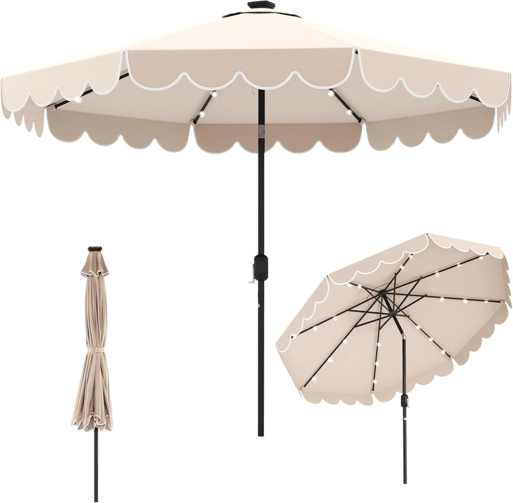 Ombrellone da Giardino 300 cm, con 24 Luci LED Solari, Inclinazione Regolabile, Manovella, 8 Stecche, Anti-UV, Top Ventilato, Idrorepellente, Giardino Piscina Patio (Beige)