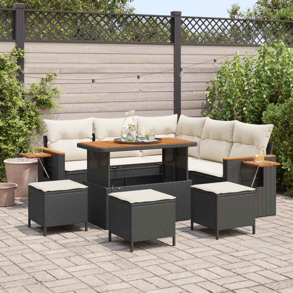 Set di divani da giardino  9 pezzi con cuscini in rattan sintetico nero e acacia