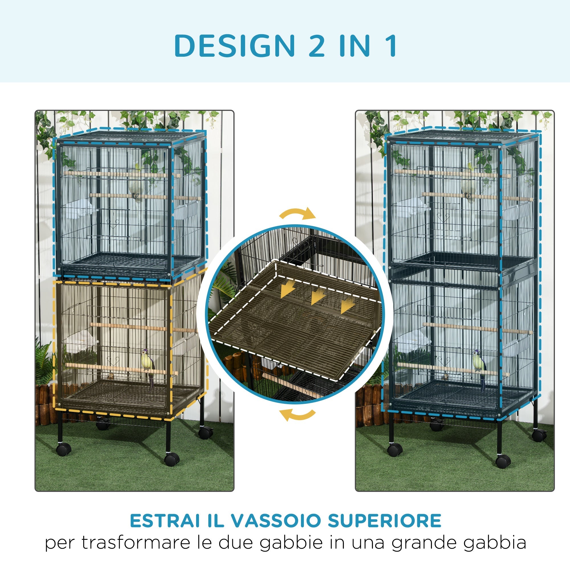 Gabbia Voliera per Uccelli per Interni 51,5x50x140 cm con Ruote e Vassoi Estraibili Nero
