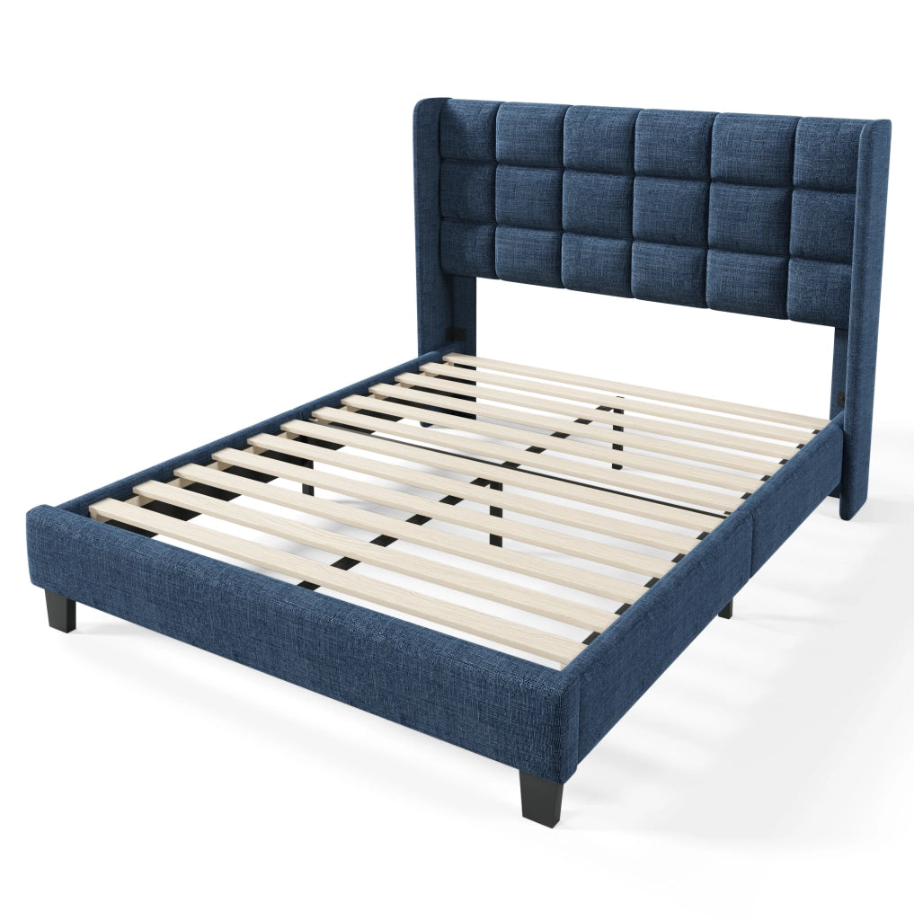Letto imbottito con rete a doghe 140x200 cm in lino blu
