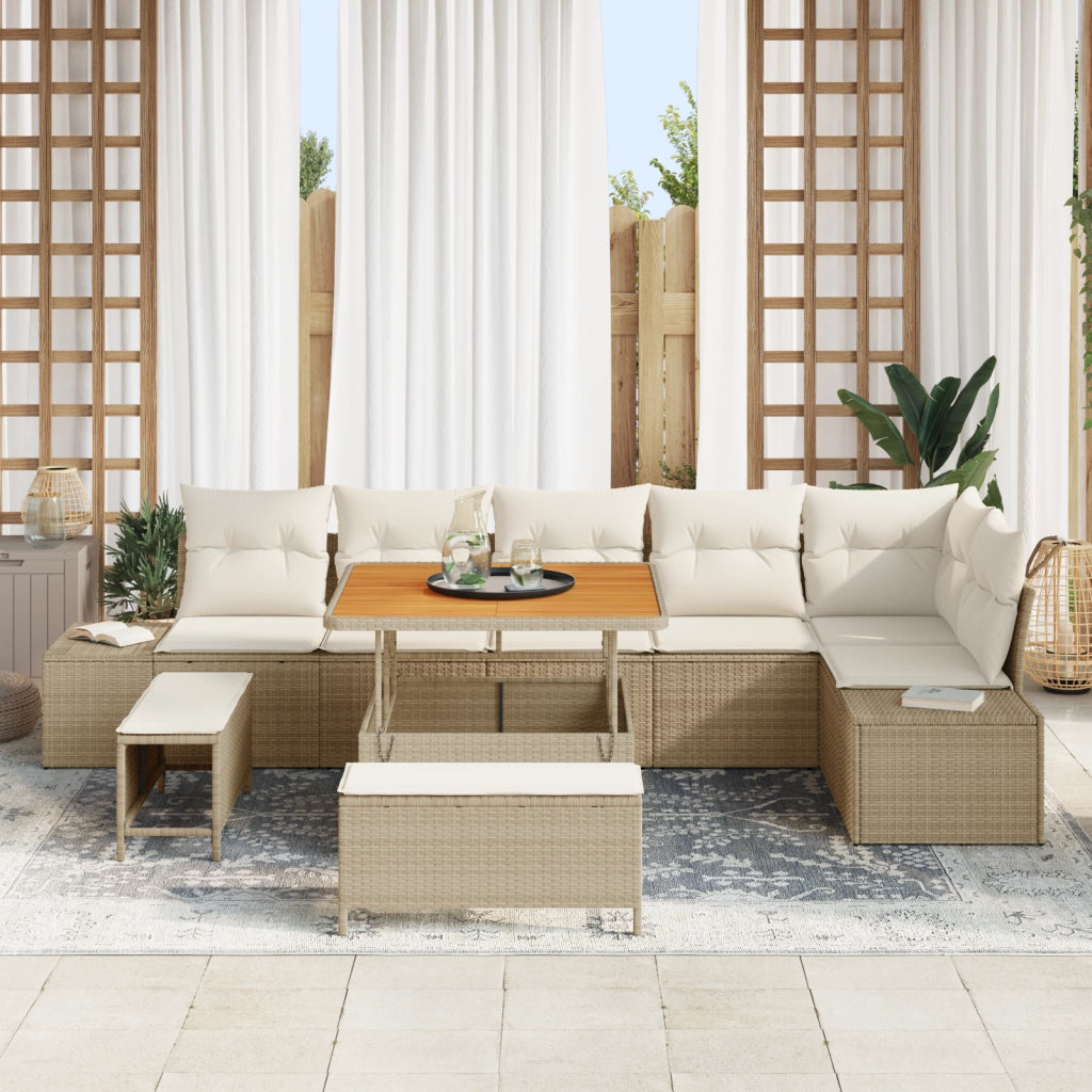Set Divano da Giardino 9 Pezzi con Cuscini in Polyrattan Beige Acacia