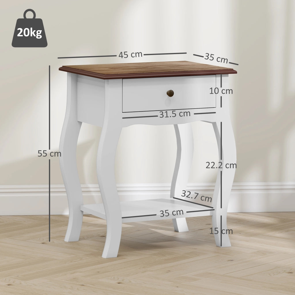 Comodino in Stile Francese con Cassetto 45x35x55 cm in MDF Bianco e Rovere