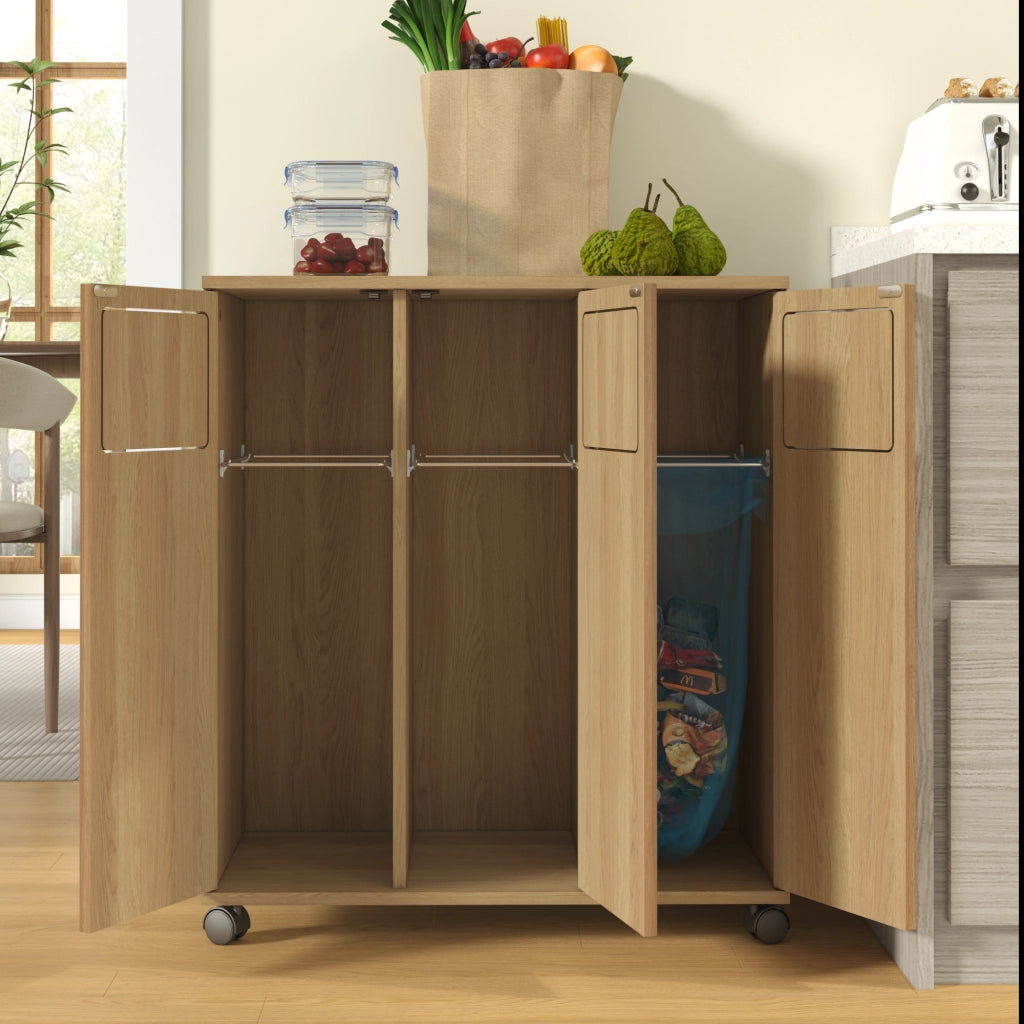 Mobiletto per raccolta differenziata a 3 scomparti con ruote, effetto rovere, 69,3x35x80,3 cm