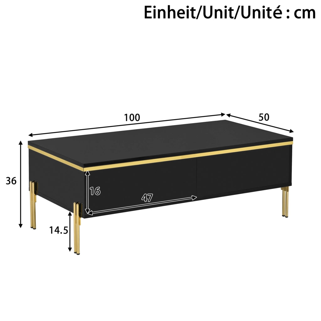 Tavolino da caffè 100x50x36 cm con doppio cassetto; finitura lucida; truciolare nero