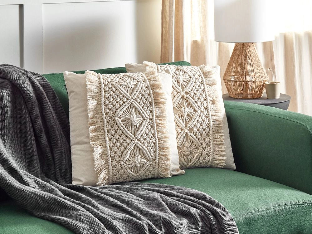Set di 2 cuscini in cotone e macrame con motivo intrecciato e frange beige 45 x 45 cm stile boho elegante