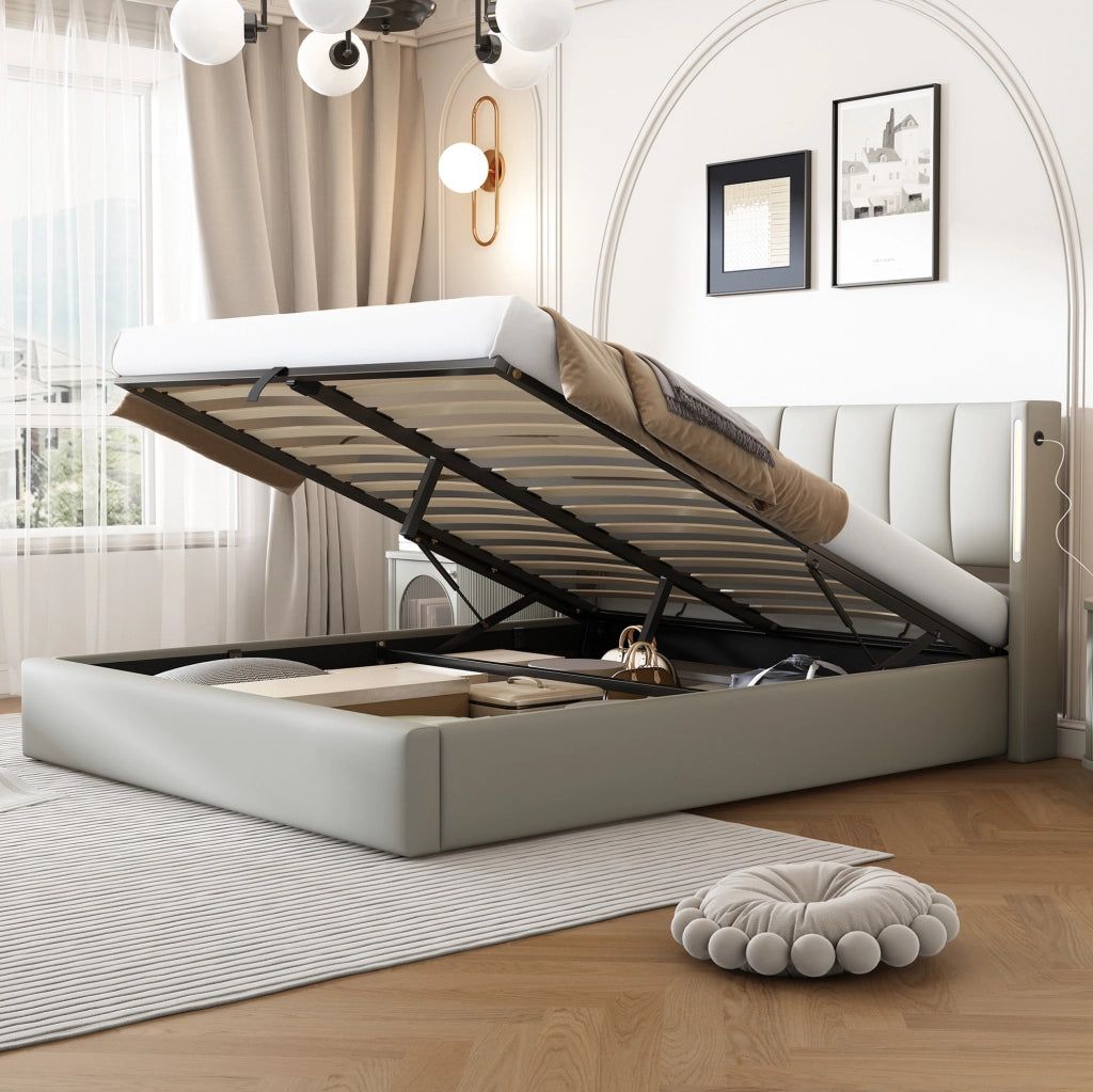 Letto imbottito 140x200 cm con LED; USB; testiera regolabile e contenitore; PU grigio