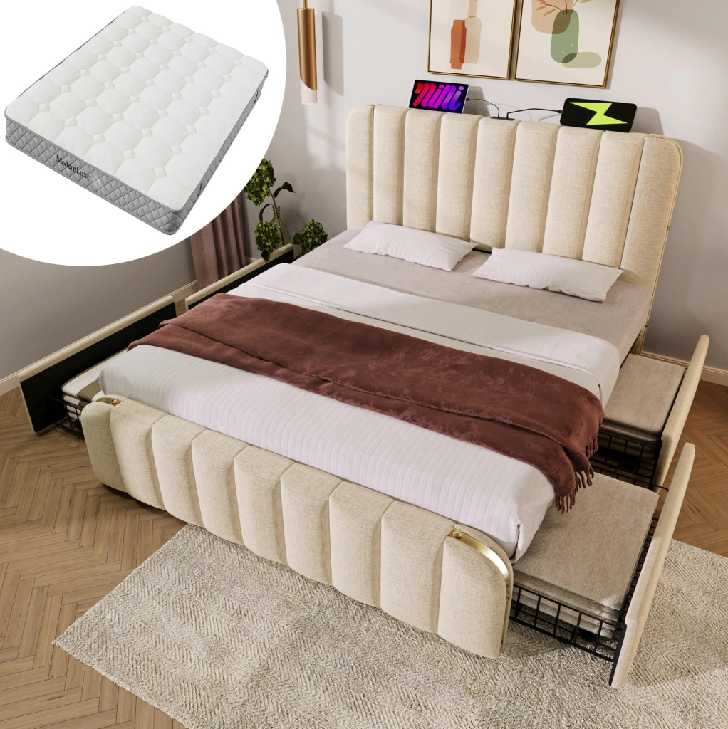 Letto matrimoniale 140x200 cm in lino beige con testiera USB e Type-C; 4 cassetti; materasso incluso