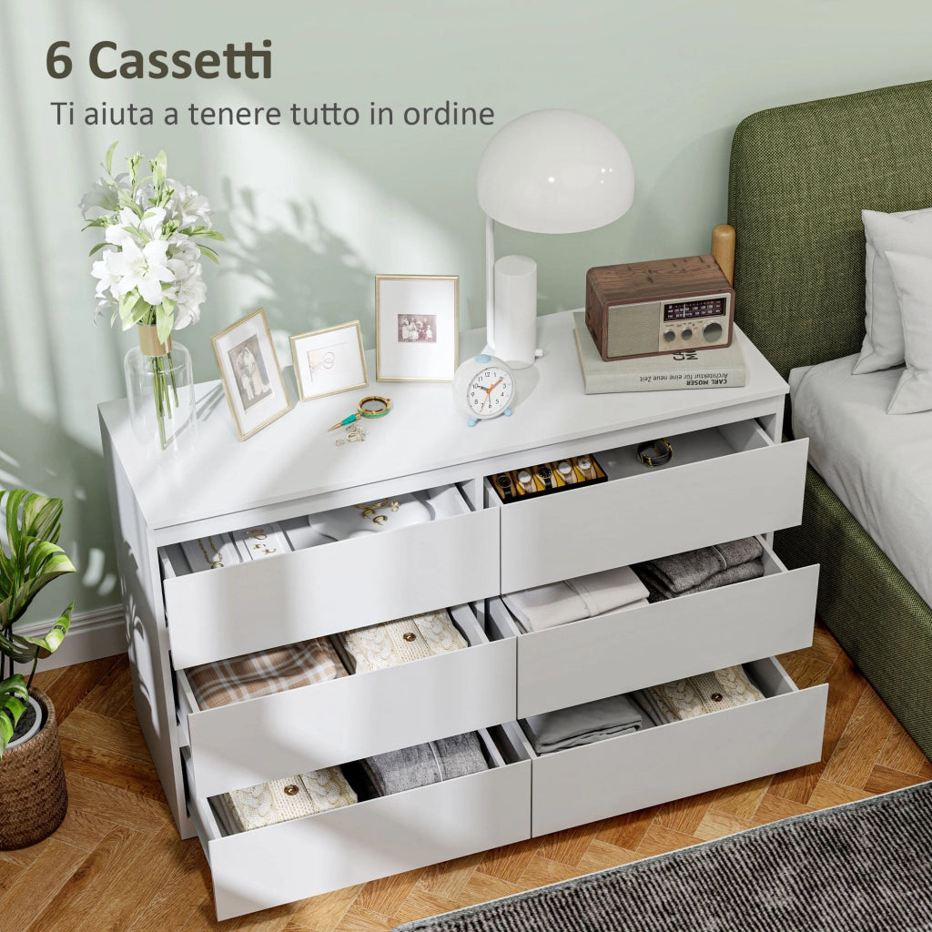 Cassettiera 6 Cassetti per Camera da Letto in Legno con Guide in Metallo, 120x39x75 cm, Bianco