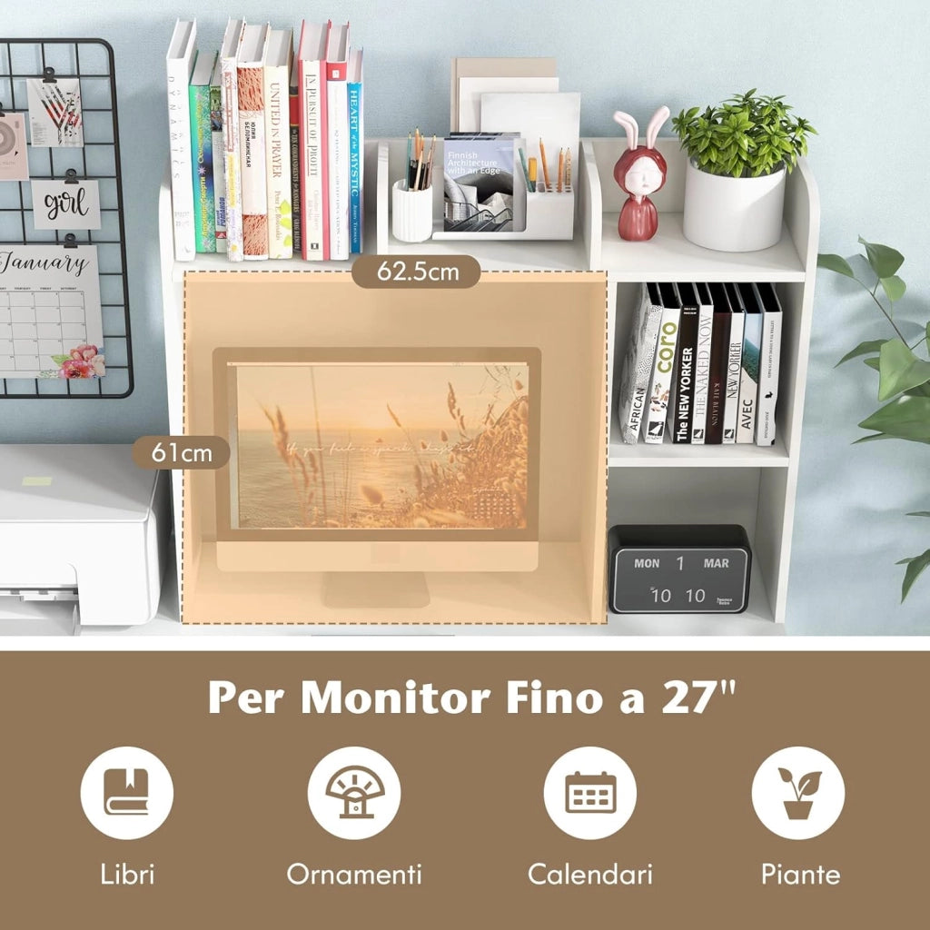 Scaffale da Scrivania in Legno, Libreria da Tavolo Salvaspazio con 4 Ripiani e Scomparto Aperto, Scaffale Espositivo per Computer, Casa Ufficio, 94x25x74 cm (Bianco)