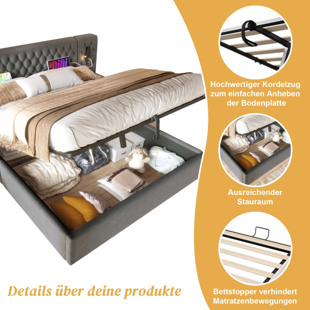 Letto 180x200 con contenitore, comodini e luci USB-C grigio