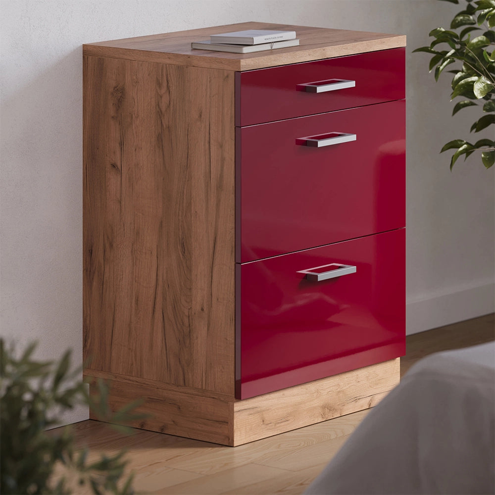 Mobile cucina sottotetto R-Line Rosso lucido/Rovere dorato 60 cm senza inclinazione con 3 cassetti Vicco