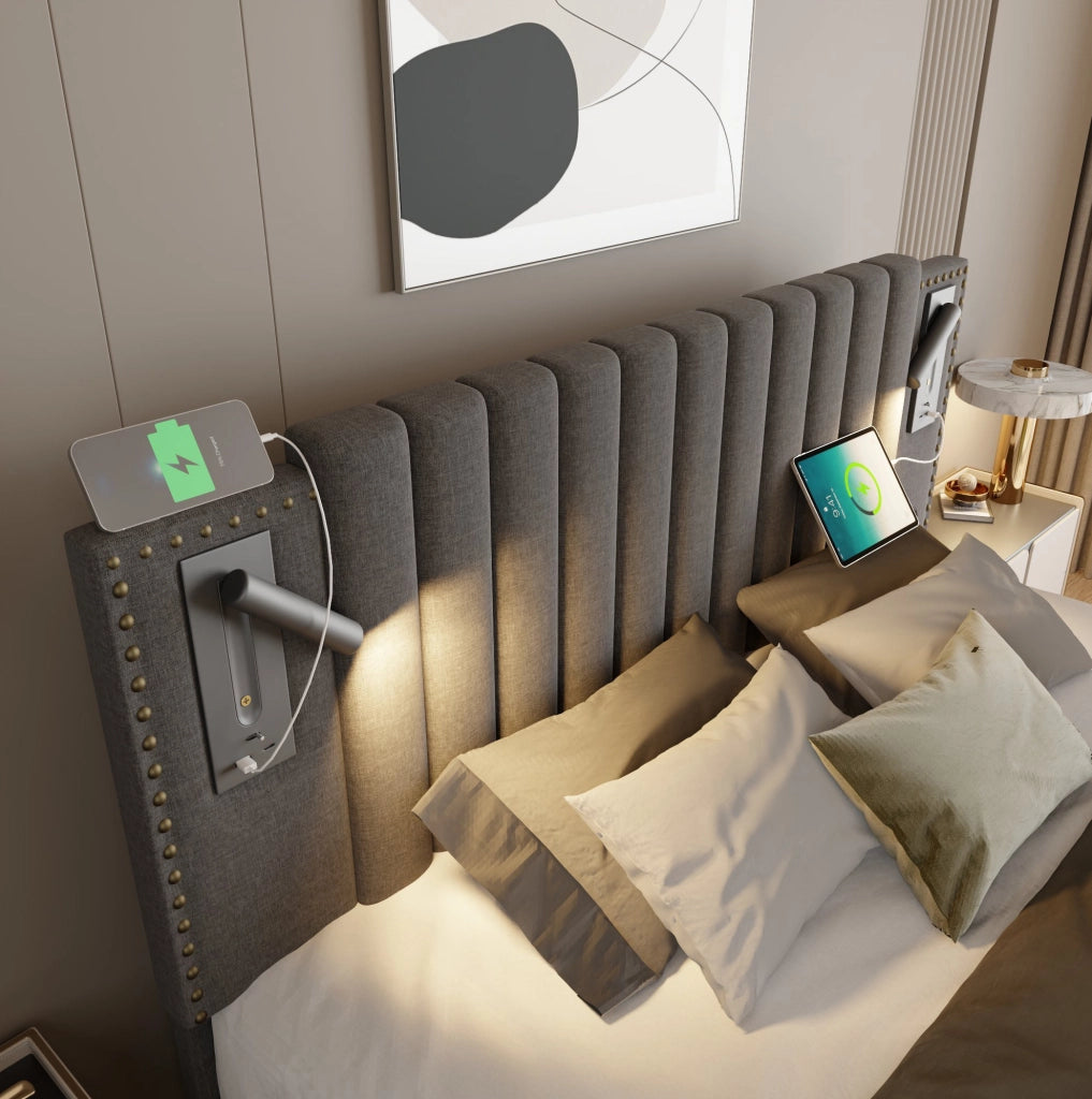 Letto matrimoniale 140x200 cm con contenitore; testiera regolabile; luce lettura e USB-Type-C; grigio