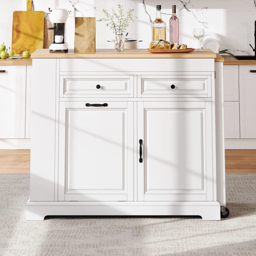 isola da cucina con ruote bianca e legno, piano laterale estensibile, contenitori