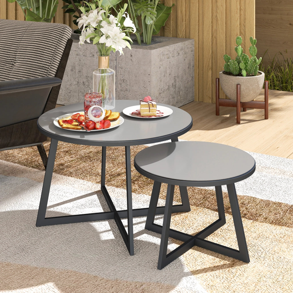 Set 2 Tavolini per Esterni con Piano in Vetro Temperato, ?70x45 cm e ?50x35 cm, Grigio
