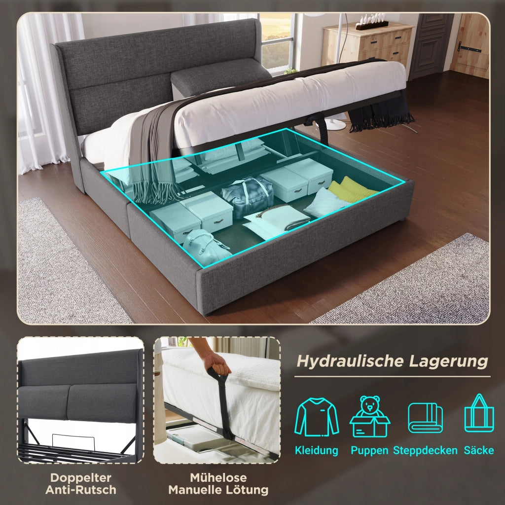 Letto imbottito - Xylo - 140x200 - Grigio - Stelaio idraulico