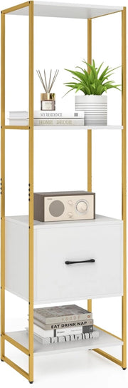 Libreria a 5 Ripiani con Cassetto, Scaffale di Stoccaggio con Struttura in Metallo e Kit Antiribaltamento, Unità Espositiva Autoportante per Camera da Letto Soggiorno, 45x35x160 cm (Bianco)