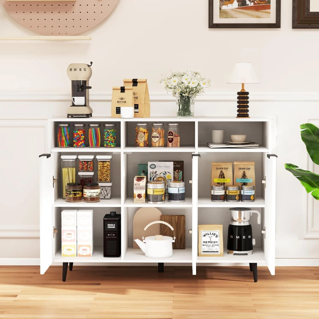 Credenza da Buffet con 3 Ante, Mobilellto da Cucina con Ripiani Regolabili in Altezza, 3 Scomparti Aperti e 3 Armadi, Armadietto Autoportante per Bar, Soggiorno e Sala da Pranzo, Bianco