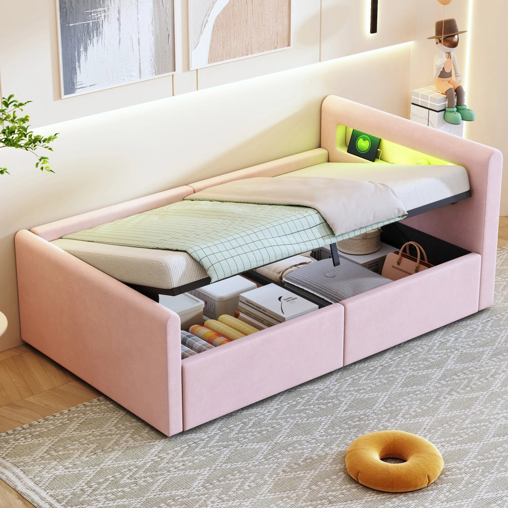 Letto 90x200 cm - Letto imbottito,Con luce notturna,Porta di ricarica USB,Con vani portaoggetti,Velluto,Funzione di accumulo idraulico,Rosa