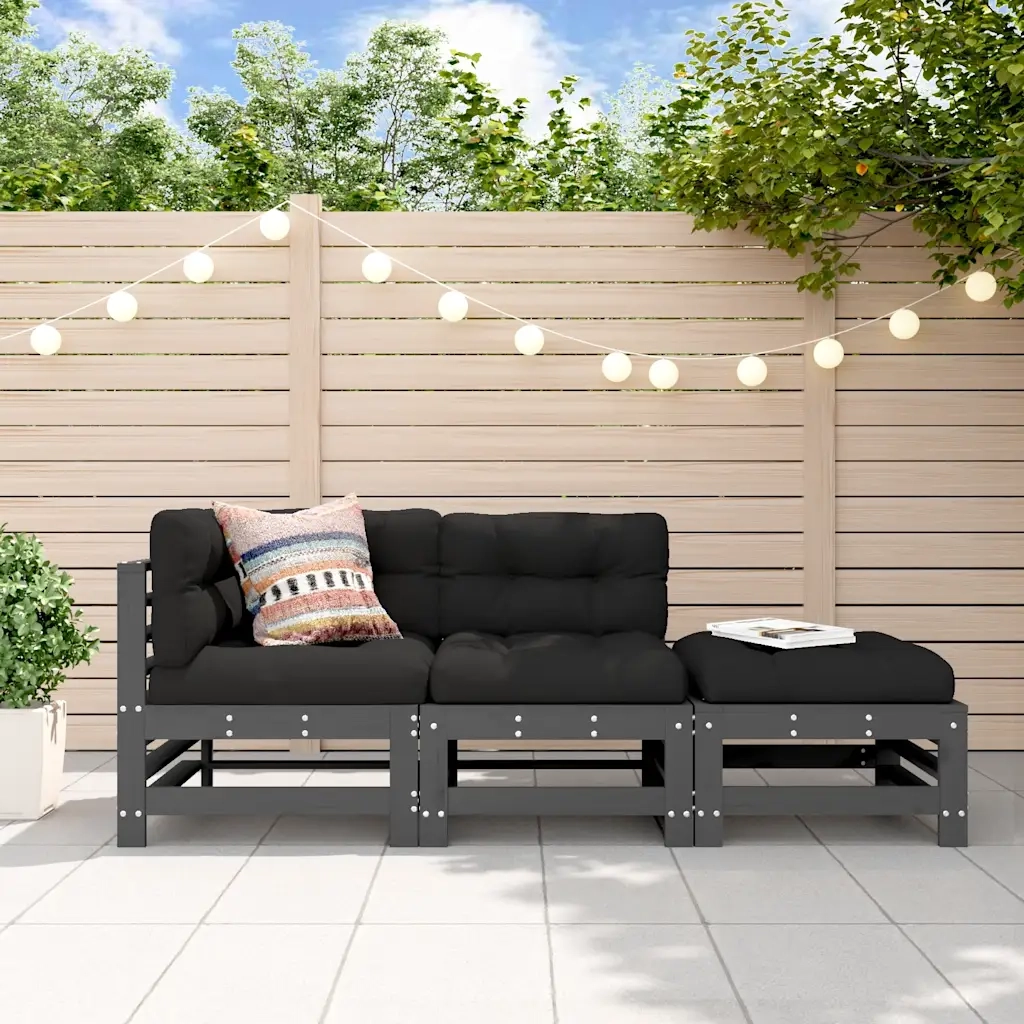 Set Divani da Giardino 3pz con Cuscini in Legno Massello Grigio 3186034