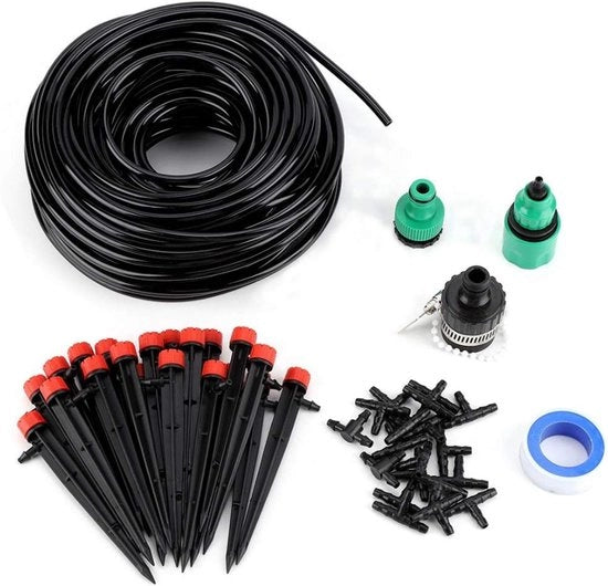 Sistema di Irrigazione Automatico Micro a Goccia - Set di Tubi e Getti - 25m Slang - 19 x 4/7 T-connessione - Sistema di Irrigazione per Patio Giardino Serra Prato.
