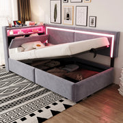 Divano letto imbottito 90x200 cm con contenitore; LED; USB e velluto grigio chiaro