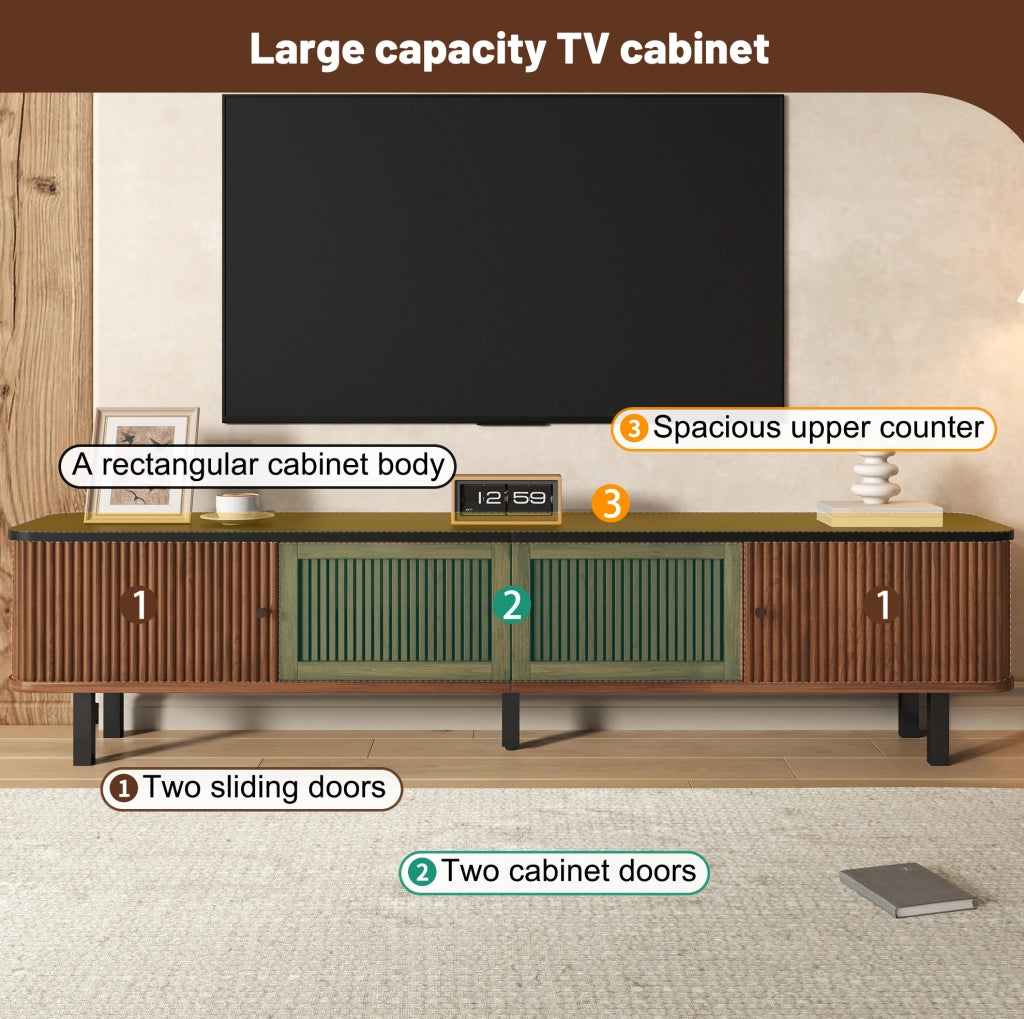 Mobile TV in MDF e PB noce, 190x35x45 cm con porte scorrevoli e rete per ricircolo aria