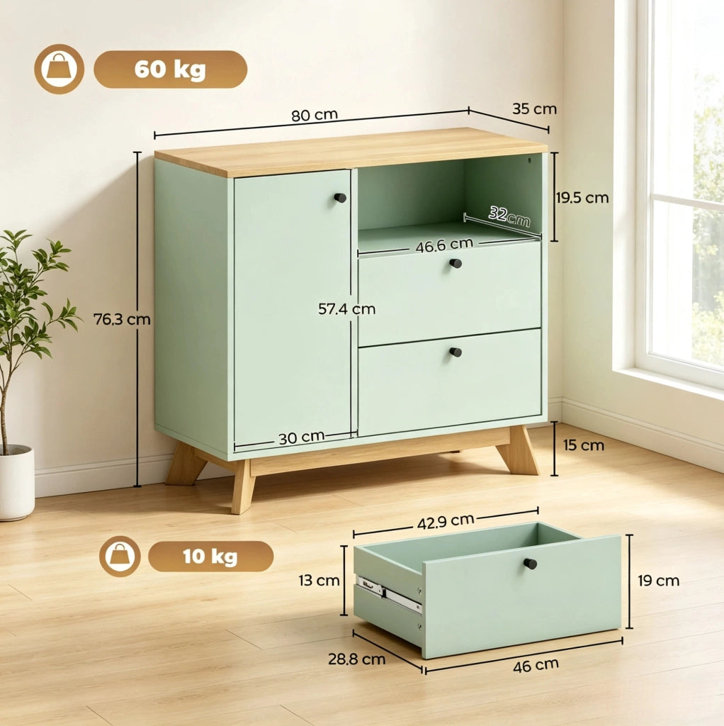 Credenza verde chiaro e rovere con 2 cassetti, anta e vano aperto