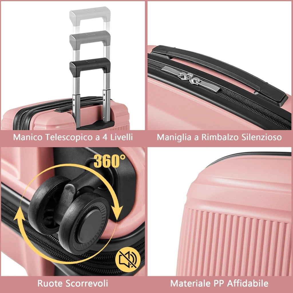 Valigia Bagaglio a Mano 20" con Beauty Case da Viaggio 14", Trolley Bagaglio a Mano con Lucchetto TSA, Porta USB, Ruote Girevoli e Manico Regolabile (Con Beauty + Rosa)