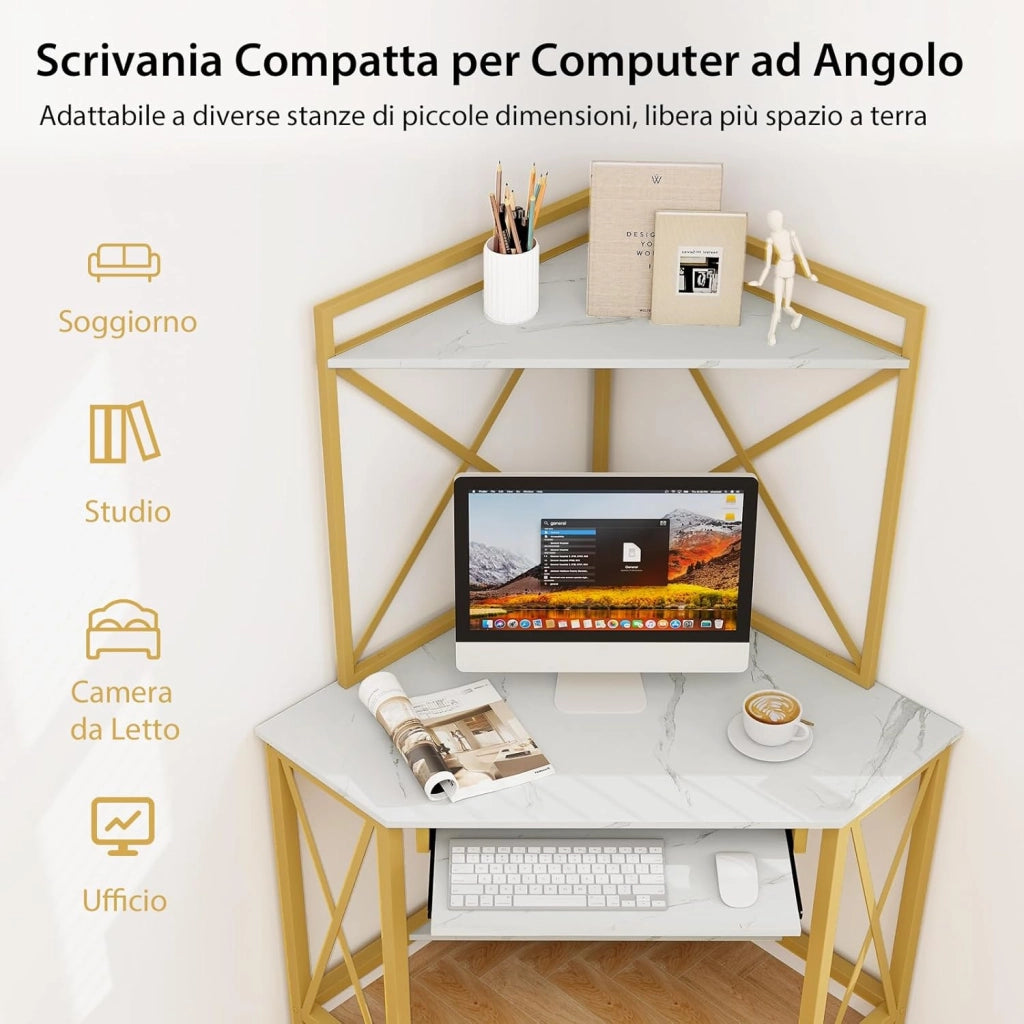 Scrivania Angolare con Prese, Scrivania ad Angolo con Ripiani, Porta Tastiera Estraibile e Struttura in Metallo, Scrivania Salvaspazio per Ufficio e Casa(bianco e oro)