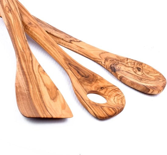 Set di 3 cucchiai di alta qualità, olio di oliva, set di 3 pezzi, rotondi + a punta + spatola
