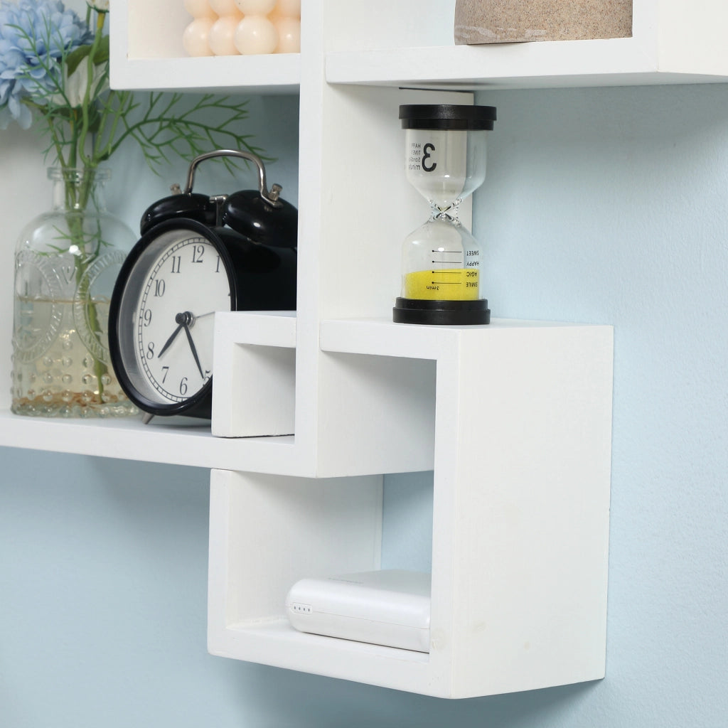 EasyComfort Libreria Moderna Sospesa con 5 Cubi Intrecciati in Legno, 49.5x10.2x86cm, Bianco