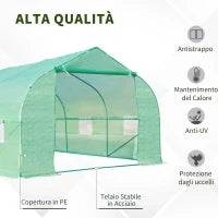 Serra a Tunnel con 8 Finestrelle Laterali e Ingresso Avvolgibile, in PE e Acciaio, 6x3x2 m, Verde