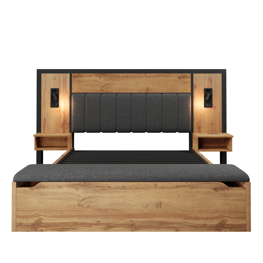 Letto Matrimoniale 2 Posti con Panca Contenitore; Luci da Lettura; USB e Comodini; 160×200 cm; senza Materasso